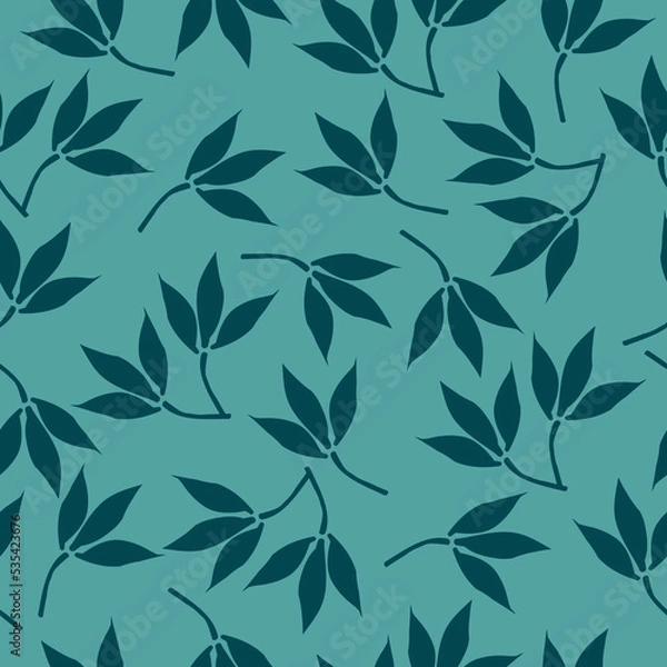 Fototapeta A simple pattern of leaves.  turquoise 
 background,green leaves on branches. Print for textiles,banners and Wallpapers,packaging.