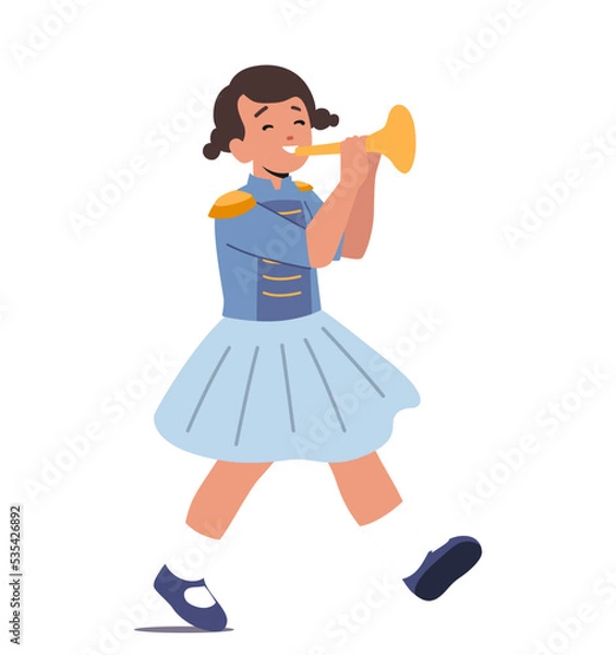 Fototapeta Happy Girl In Uniform Play Festival Music With Horn During Parade Marching, Fair Or School Concert. Kid With Instrument