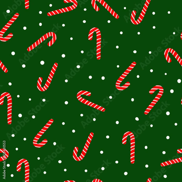 Fototapeta Simple Christmas pattern. christmas caramel and snow. Green background. Print for postcards, wallpapers, banners and textiles.