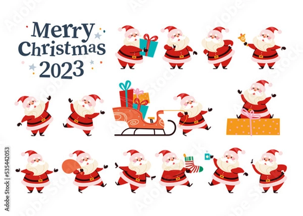 Fototapeta Santa Claus different characters isolated collection. Santa with gift box, bell, presents sleigh and carry Christmas stocking and gift bag. Vector flat Christmas illustration. For banner, sticker.