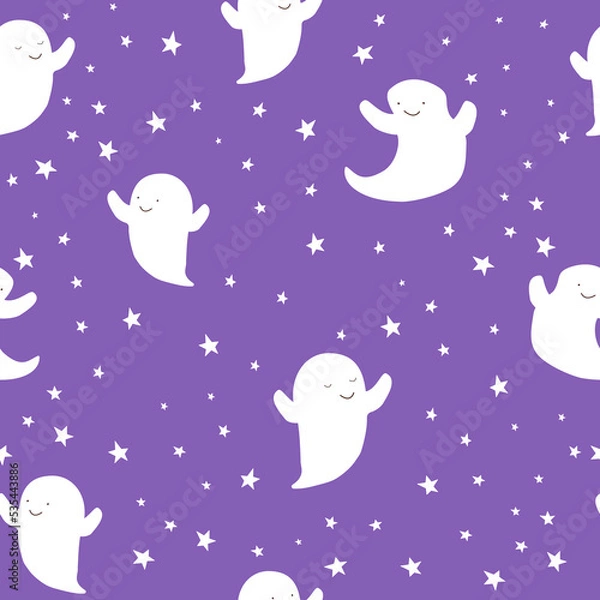 Obraz Cute Halloween white ghosts on coloful background decorated with stars, kids holiday seamless pattern.
