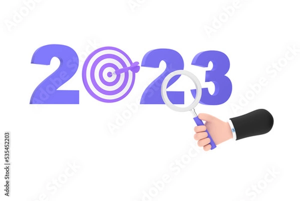 Fototapeta 3D. Target dart and magnifier glass for focus business new year 2023.