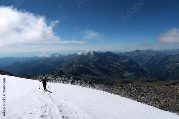 Fototapeta Multi day summer expedition through some glaciers in the alps. On the Monterosa massif starting from Zermatt and summiting multiple 4000m mountains
