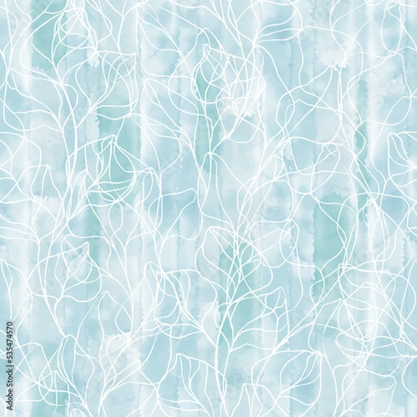 Obraz Abstract floral background. Seamless pattern with hand drawn branches on blue watercolor background. Vector. Line art. Perfect for wallpaper, wrapping, fabric and textile.
