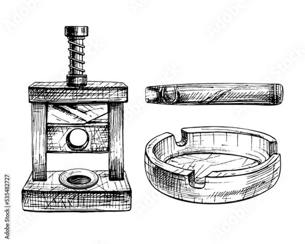 Obraz Cutting guillotine cigar and ashtray. Vintage hatching color illustration isolated on white