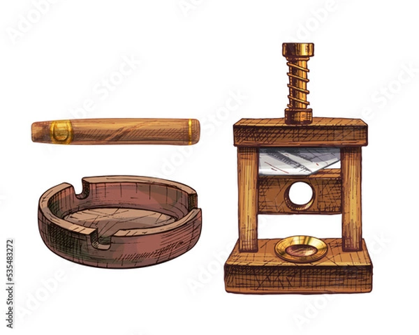 Obraz Cutting guillotine cigar and ashtray. Vintage hatching color illustration isolated on white
