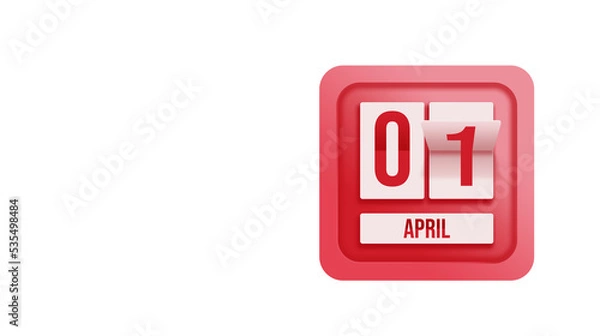 Fototapeta April 1nd. Day 1 of month, Calendar date. Calendar in the form of a mechanical scoreboard red timetable tableau on white.   Spring month, day of the year concept.