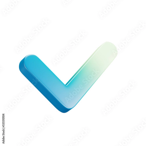 Fototapeta 3D cartoon user interface illustration of a tick or approved or affirmative icon on an isolated background. With studio lighting and a gradient colourful texture. 3D rendering