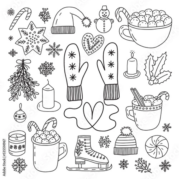 Fototapeta Hand drawn doodle Christmas elements set. Vector Christmas cocoa with marshmallows, mittens and ginger cookies.
