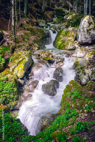 Obraz Path to Raiskoto praskalo waterfall and Botev peak in Balkan mountain, Bulgaria