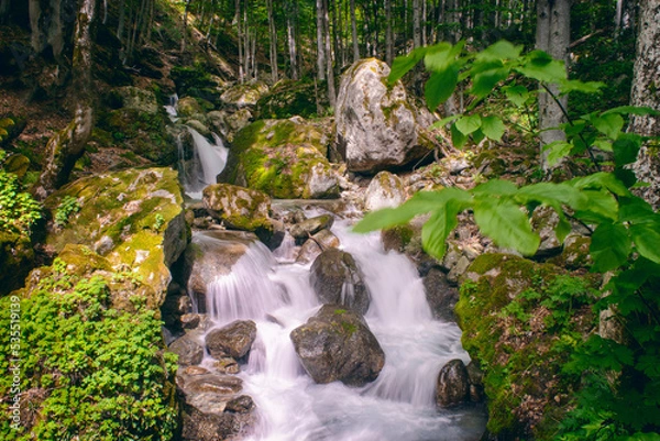 Obraz Path to Raiskoto praskalo waterfall and Botev peak in Balkan mountain, Bulgaria