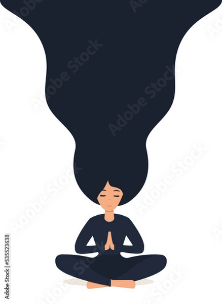 Obraz Girl in yoga lotus practices meditation. Vector illustration in flat style. Template for banner, postcard or poster. Young woman meditating.