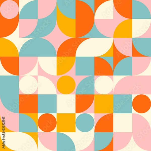 Fototapeta Retro geometric aesthetics. Bauhaus and avant-garde inspired vector background with abstract simple shapes like circle, square, semi circle. Colorful pattern in nostalgic pastel colors.