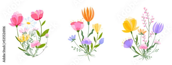 Obraz Vector floral bouquet illustration. Set of leaves, wildflowers, twigs, floral arrangements. Beautiful compositions of field grass and bright spring flowers.