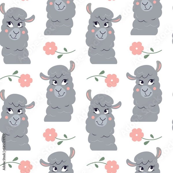 Fototapeta Vector seamless pattern with flowers and cartoon funny lamas. Animal character wallpaper. Head of nice alpaca. 