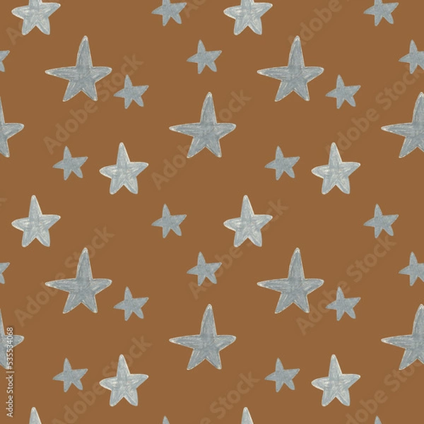 Fototapeta Hand drawn silver stars pattern on Marron background. For fabric, sketchbook, wallpaper, wrapping paper.	