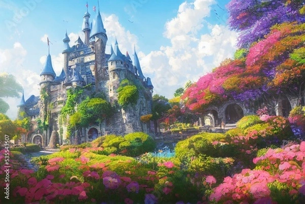 Obraz 城 ファンタジー 花 植物 青空 雲 庭園 春