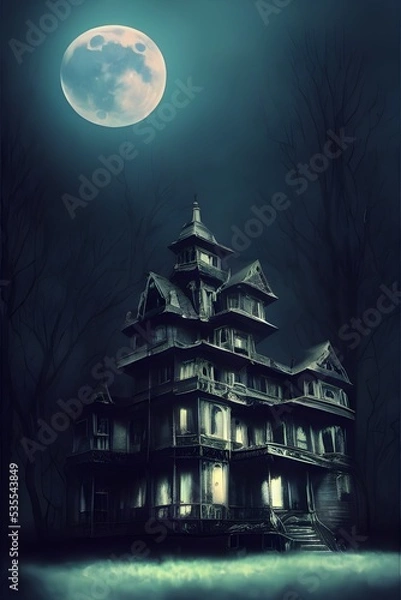 Fototapeta Full moon shines over a creepy haunted house. 