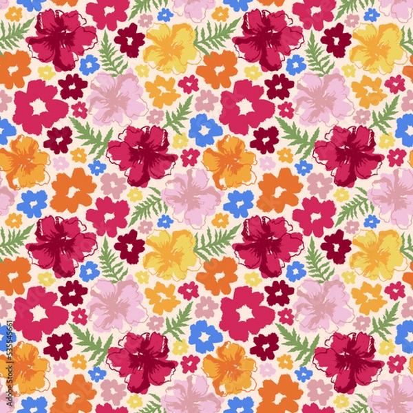 Fototapeta Floral seamless vector background. Endless pattern with beautiful vivid summer meadow flowers. Botanical texture for print, packing, fabric, textile.
