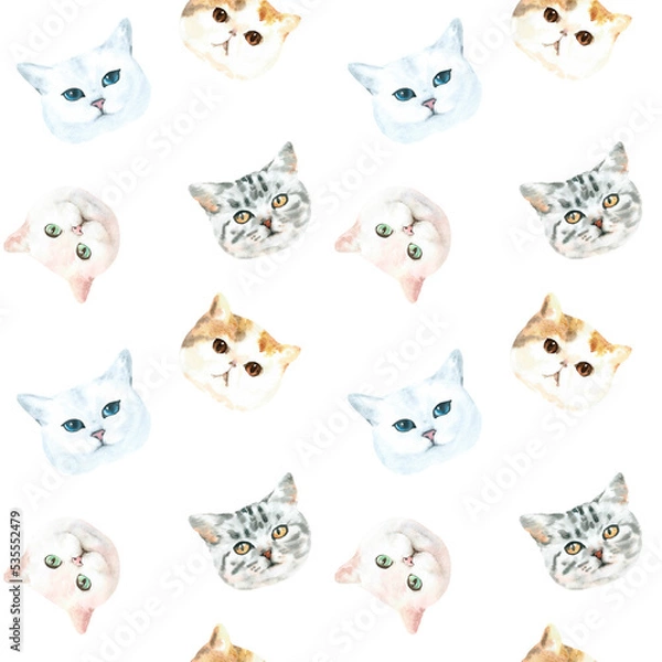 Obraz Watercolor cat pattern, cute fabric design for kids, cat breeds, british ,white background seanpless pattern, scrapbooking,wallpaper,wrapping, gift,paper, for clothes, children textile,digital paper, 