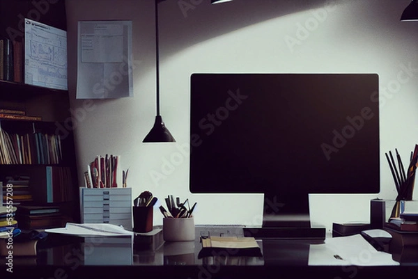 Fototapeta Illustration of a cluttered office. Landscape with desktop PCs.