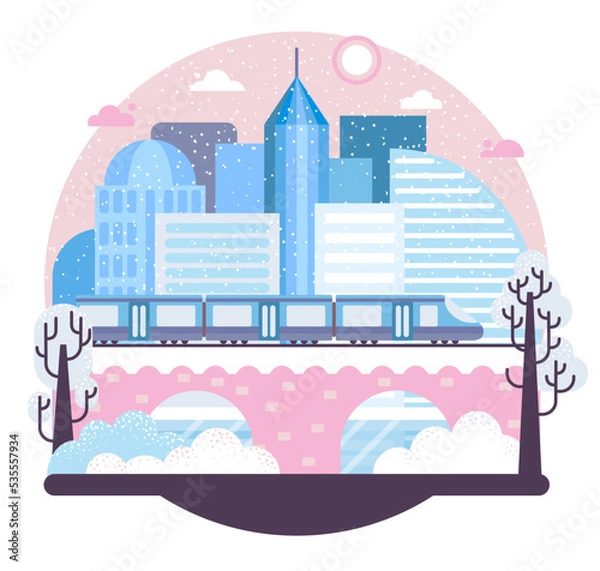 Fototapeta Train on bridge in megapolis winter background - Vector illustration in flat stile
