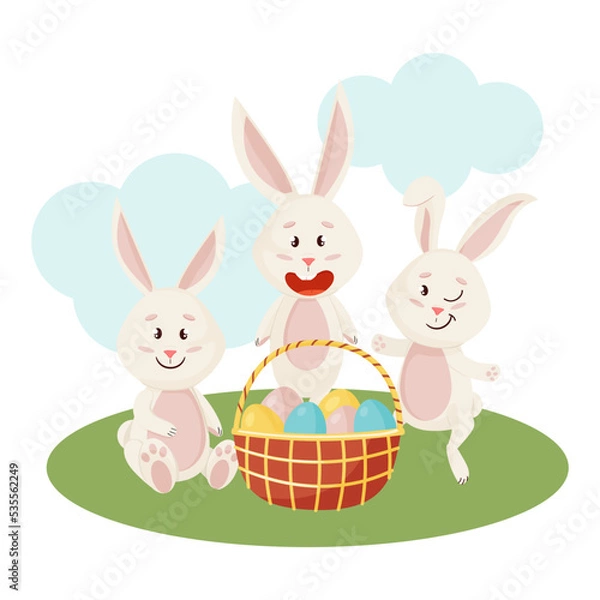 Fototapeta Bunnies Character. Sitting on grass and Laughing Funny, Happy Easter Rabbits.
