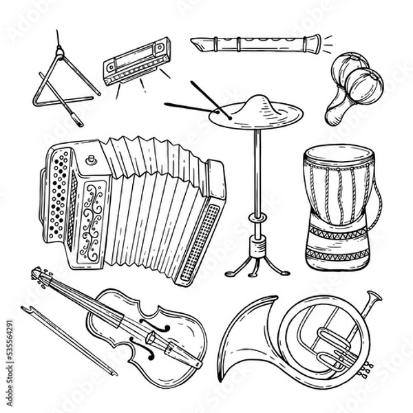Fototapeta Set musical instruments hand drawn style. Vector black and white doodle illustration