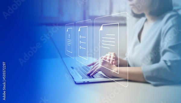 Fototapeta Document Management System Online Document Database and automated processes to manage files and ERP, enterprise business technology. businesswomen using virtual screen to DMS.