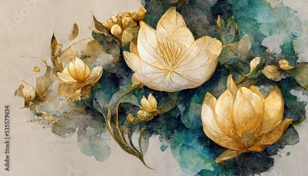 Obraz Otwarte kwiaty lotosu są rysowane na płótnie z białym papierem. Ilustracja 3D