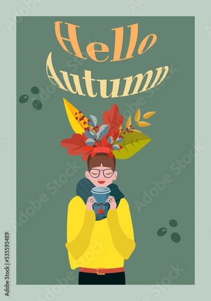 Fototapeta A beautiful girl in a scarf and glasses against the background of falling leaves of maple, oak, aspen. The girl is holding a cup of coffee. Fragrance enjoyment. The concept of enjoying a cozy autumn. 