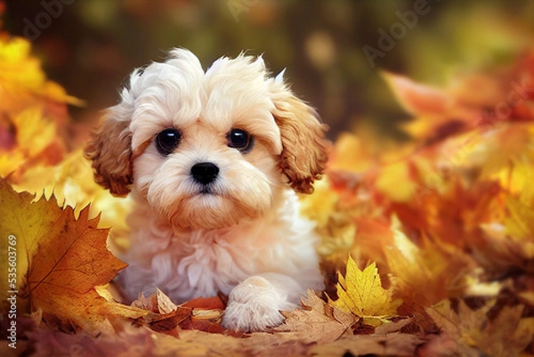 Fototapeta Maltipoo puppy dog in a pile of Fall leaves  in autumn background. 3d illustration.