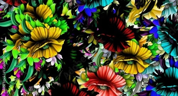 Fototapeta Computer graphics of abstract floral psychedelic background stylization of colored chaotic stickers in the form of leaves