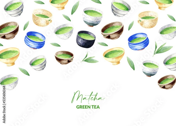 Obraz Template with matcha ceramic bowls. Hand drawn elements of japanese green tea, leaves and cups. Background for packaging, wrapping paper, menu design. Watercolor illustration of asian drinks.