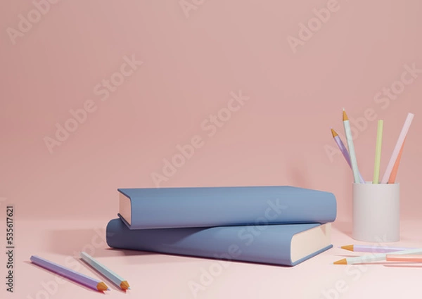 Fototapeta Pastel, light red, salmon pink 3D illustration back to school product display podium or stand, horizontal image from side with pencils and books on table for product photography background