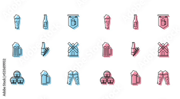 Obraz Set line Wooden barrel on rack with stopcock, Glass of beer, Beer bottle, Windmill, mug and icon. Vector