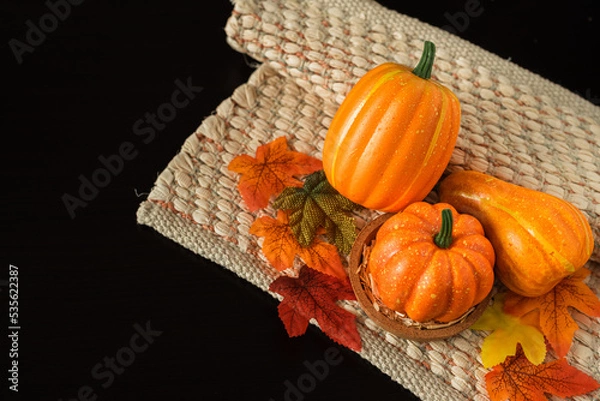 Obraz Autumn background with leawes, pumpkin. Hello October, November. Autumn season.