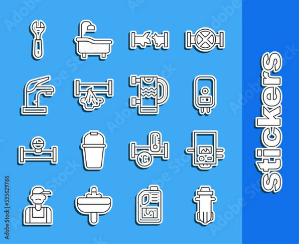 Fototapeta Set line Water filter, Gas boiler, Electric, Broken pipe, tap, Wrench spanner and Heated towel rail icon. Vector