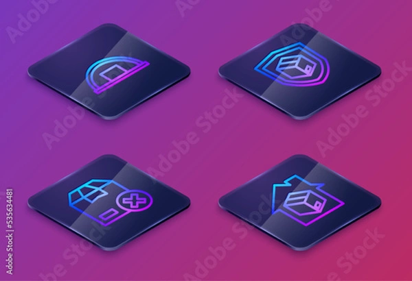 Fototapeta Set Isometric line Warehouse, Carton cardboard box, Delivery security with shield and Home delivery services. Blue square button. Vector