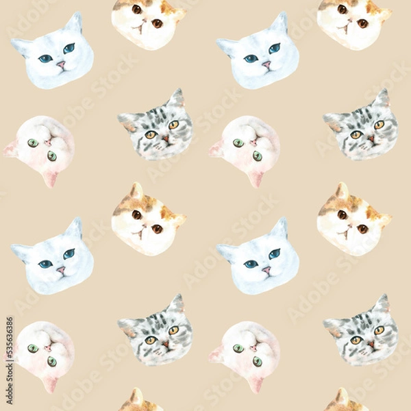 Fototapeta Watercolor cat pattern, cute fabric design for kids, cat breeds, british ,pale background seanpless pattern, scrapbooking,wallpaper,wrapping, gift,paper, for clothes, children textile,digital paper, 