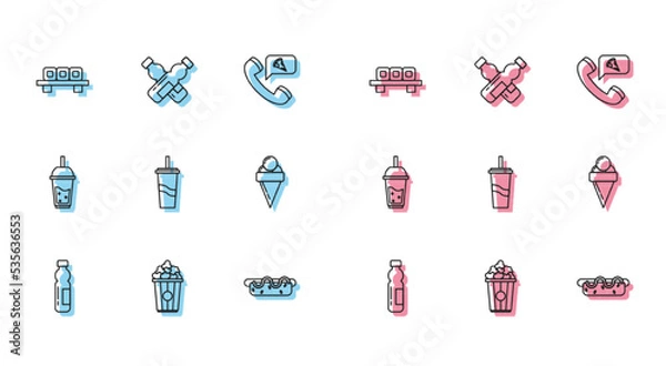 Obraz Set line Bottle of water, Popcorn in cardboard box, Sushi on cutting, Hotdog sandwich with mustard, Paper glass drinking straw, Ice cream waffle cone, Glass lemonade and Crossed bottle icon. Vector