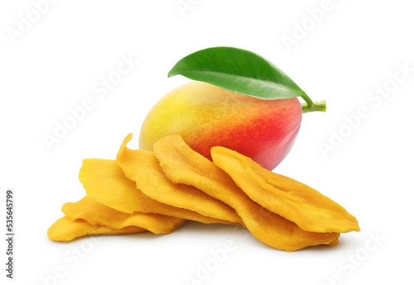 Fototapeta Fresh mango fruit with leaf and dried slices isolated on white background            