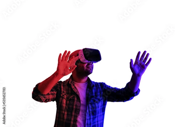 Fototapeta in png format. Young man with VR glasses. entrance with metaverse neon lights