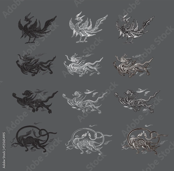 Fototapeta Korean traditional pattern painting dragon and phoenix