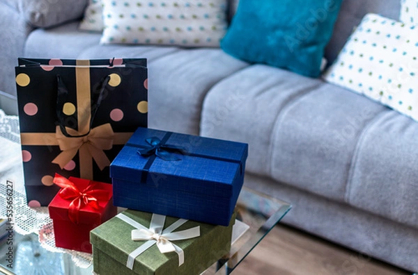 Obraz Birthday gifts packed in boxes to give a surprise. Nobody. Copy space. Surprise.