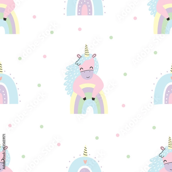 Fototapeta Seamless pattern with cute pink unicorn and rainbow. Vector illustration