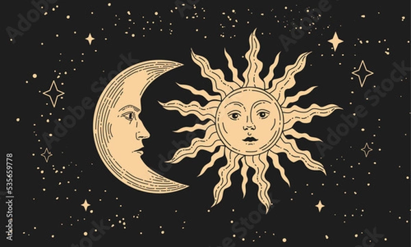 Fototapeta Sun vector linear illustration. Hand drawn celestial illustrations. Design elements for decoration in modern style. magical drawings. Vector modern print.
