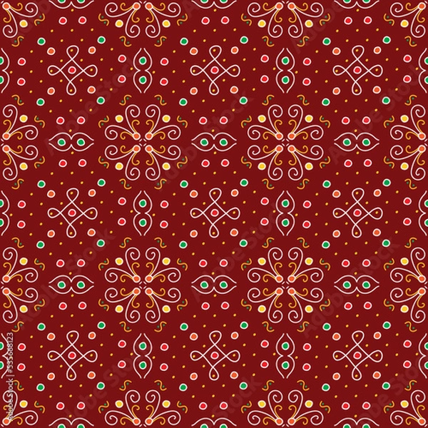 Obraz Hand drawn seamless festive Kolam pattern on a red background.