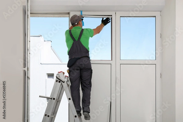 Obraz Worker on folding ladder installing window indoors, back view