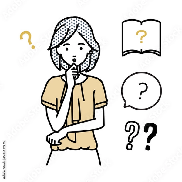 Fototapeta 立って手をあごにあてて疑問を感じているオフィスカジュアルの女性 クエスチョンマークのセット
